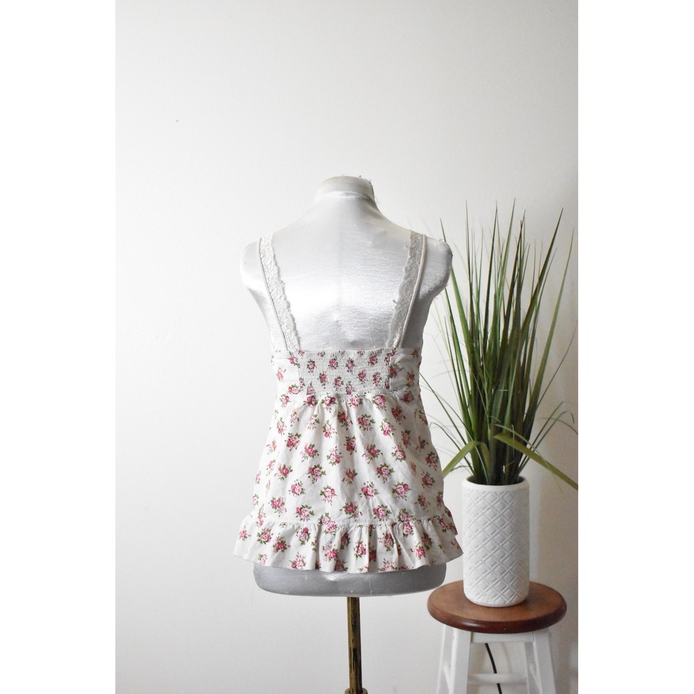 Unbranded Floral Camisole Women Medium White Pink Y2K Lace Ruffle Hem Cotton - Picture 3 of 9